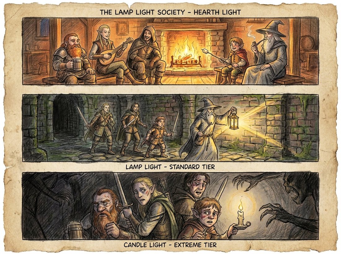 The Lamplight Society tiers: Hearth Light, Lamp Light standard, and Candle Light extreme